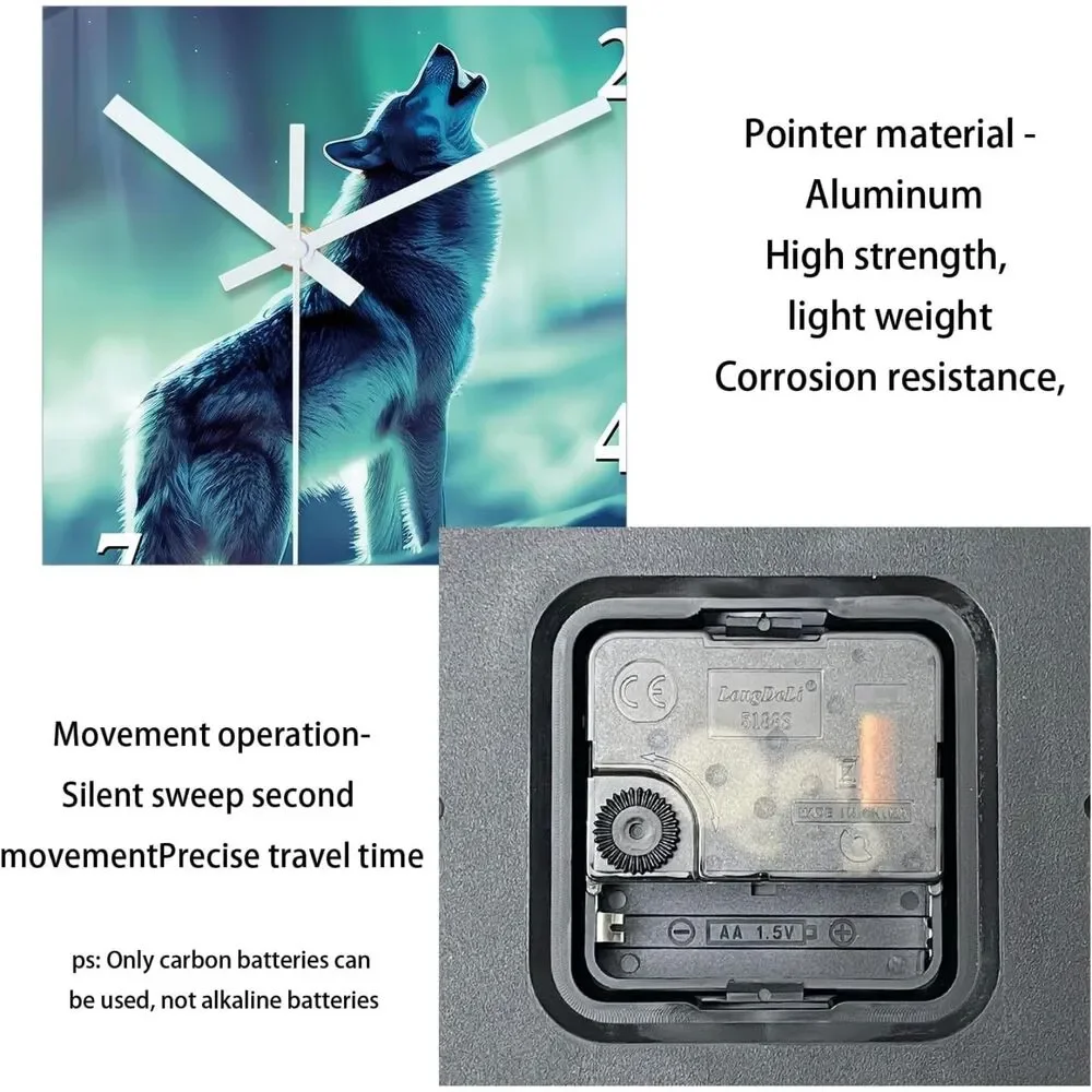 Howling Wolf Wall Clock 12 Inch Northern Lights Aurora Silent Non Ticking Decor